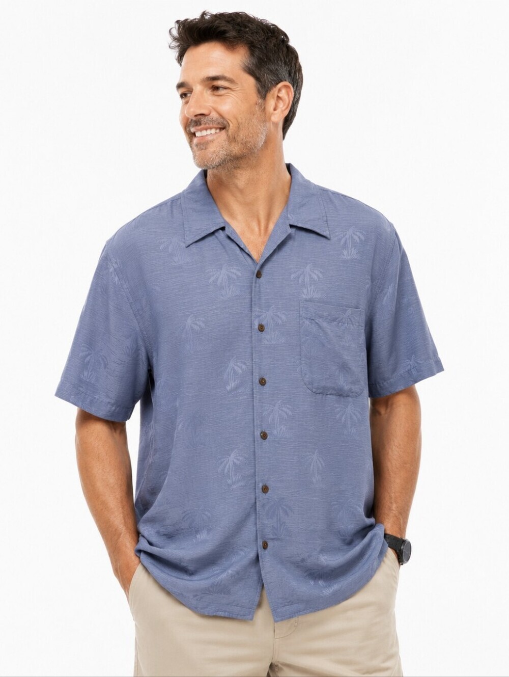 George Foreman 100% Silk button down Camp Shirt Blue Size 2X Big Blue Palm Trees